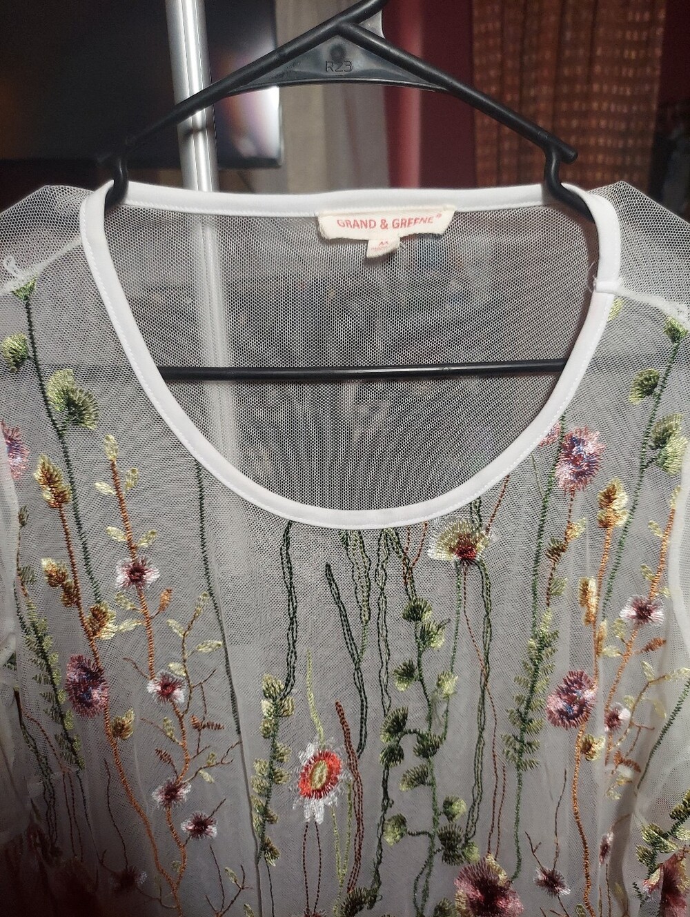 Grand And Green Botanical Spring Wildflower Embroidered Mesh Sheer Blouse M - Picture 5 of 8